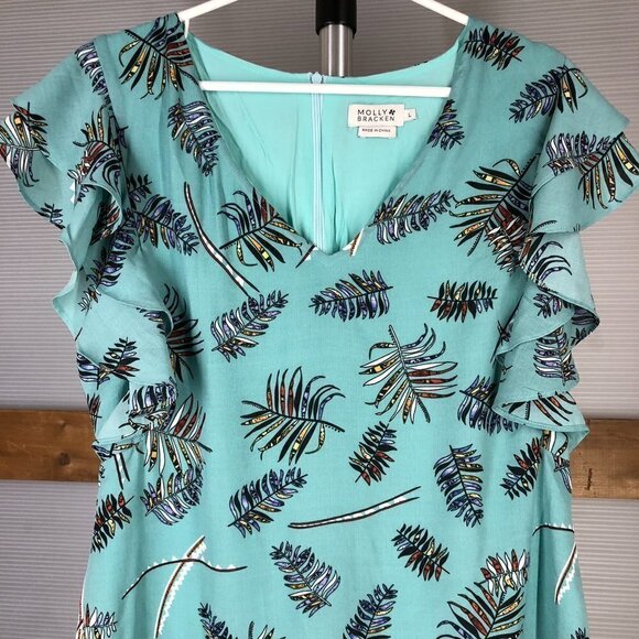 MOLLY BRACKEN Green Leaf Motif Lined‎ Ruffle V Neck Dress Sz L - Picture 4 of 6